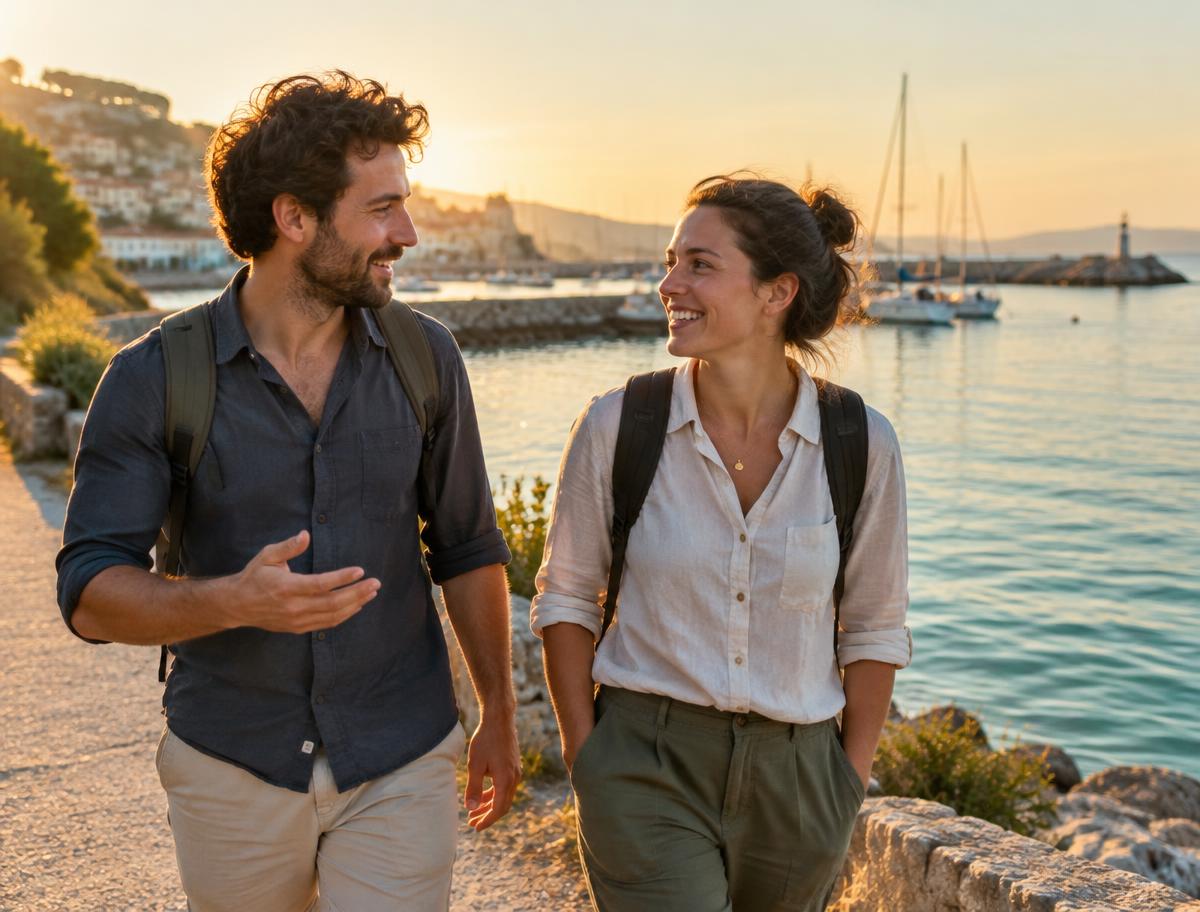 Two people talking while walking along a harbor path
